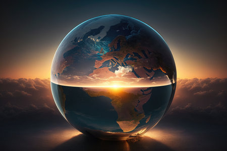 a stunning sunrise over a globe, with rays of light illuminating the continents from east to west, created with generative aiの素材