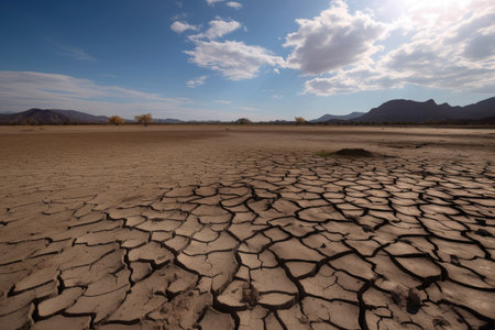 drought-stricken lands with dried-up lakebed and sky in the background, created with generative aiの素材