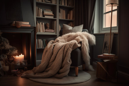 cozy reading nook with soft blankets and a stack of books, created with generative aiの素材