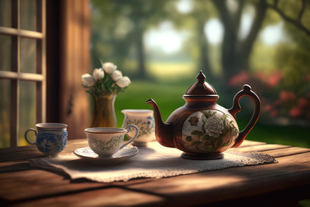 teapot and tea service on a wooden table, with view of garden in the background, created with generative aiの素材