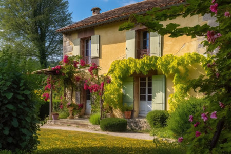 french-country house, with lush garden and patio, surrounded by vineyard, created with generative aiの素材