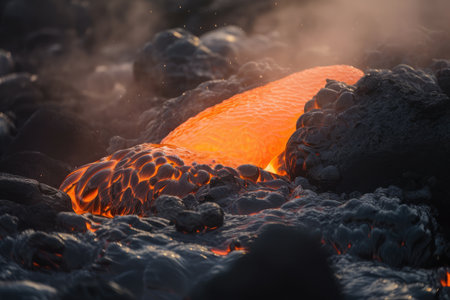 close-up of lava flow, with bubbles and smoke emerging from the molten rock, created with generative aiの素材