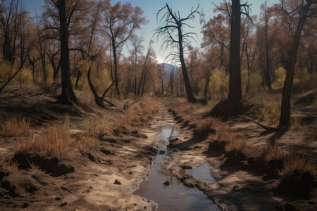 drought-stricken forest with dried up stream, created with generative aiの素材