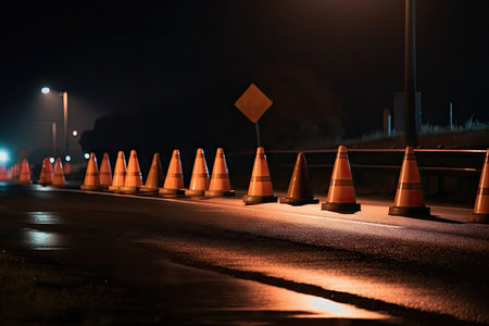 a row of traffic cones on a deserted road in the middle of the night, created with generative aiの素材