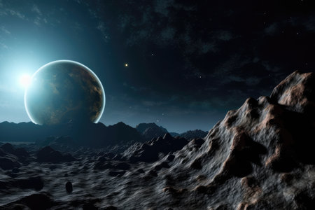 close-up of rocky and desolate exoplanet, with distant star in the background, created with generative aiの素材