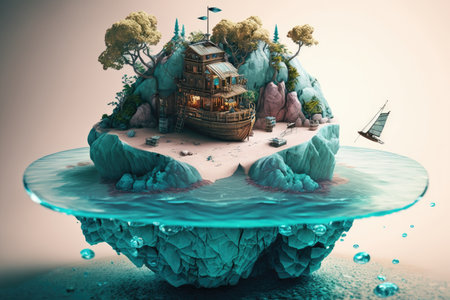 a surreal float island with a dock and cabin on the shore, surrounded by crystal clear water, created with generative aiの素材