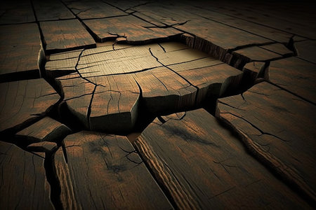 vintage wooden floor with large cracks in old hardwood floor, created with generative aiの素材