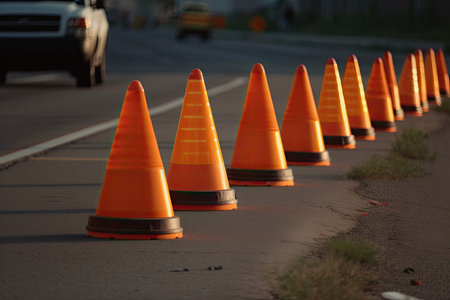 five traffic cones in a row, creating safe and visible pathway, created with generative aiの素材