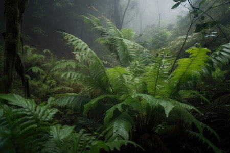 close-up of ferns and other greenery in the smoky jungle, created with generative aiの素材