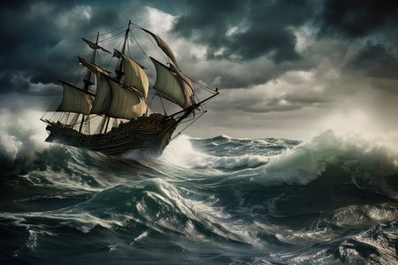 pirate ship sailing through stormy sea, with waves crashing against its sides, created with generative aiの素材