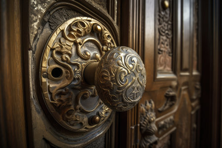 old-fashioned door handle with intricate metalwork and filigree details, created with generative aiの素材