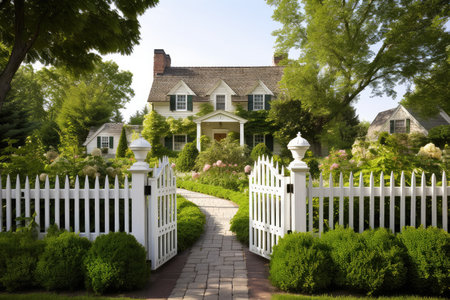 french country house exterior with lush green garden, picket fence, and manicured walkway, created with generative aiの素材