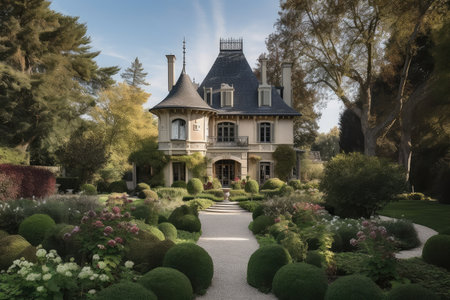 luxurious french country house with manicured gardens and intricate detailing, created with generative aiの素材