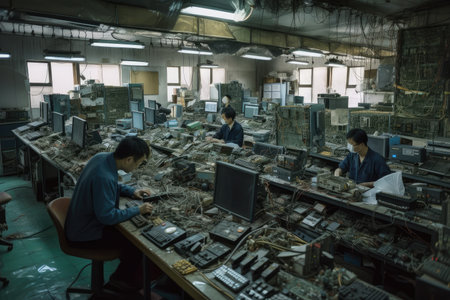 electronic recycling facility, with staff sorting through and recycling e-waste, created with generative aiの素材