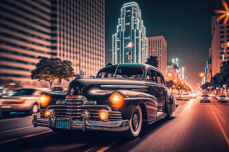 vintage car cruising past modern skyscrapers, with city lights shining in the background, created with generative aiの素材