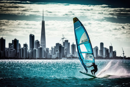 windsurfer gliding across azure waters, with city skyline in the background, created with generative aiの素材