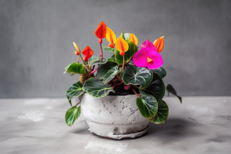 houseplant growing in a concrete flowerpot with colorful blooms, created with generative aiの素材