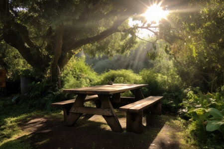 a wooden table surrounded by greenery, with the sun shining through, created with generative aiの素材