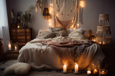 a boho chic room with soft blankets and pillows, a candle, and dream catcher, created with generative aiの素材