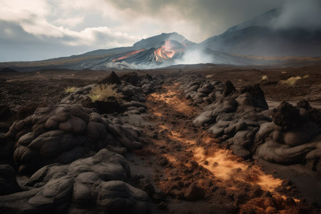 lava flow snaking its way across barren landscape, with mountains and clouds in the background, created with generative aiの素材