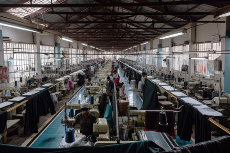 textile factory, with workers and sewing fabric into new garments, created with generative aiの素材