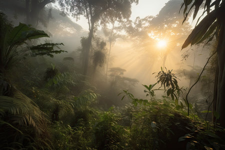 smoky jungle at dawn, with mist rising from the ground, created with generative aiの素材