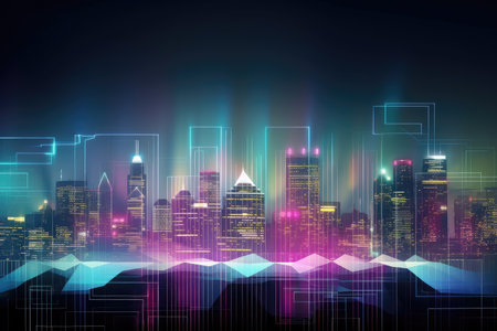 digital holographic background with view of futuristic cityscape, created with generative aiの素材