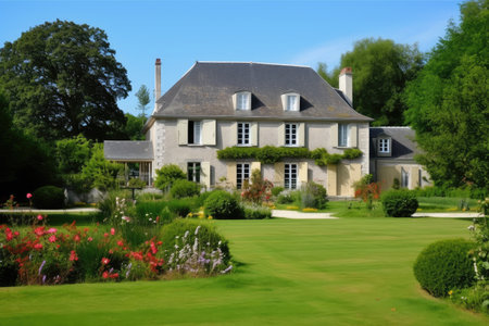 french country house surrounded by manicured lawns, flowering gardens and terrace, created with generative aiの素材