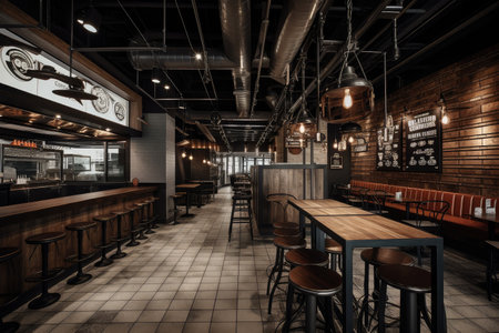 fast food restaurant with industrial decor, exposed pipes, and metal details, created with generative aiの素材