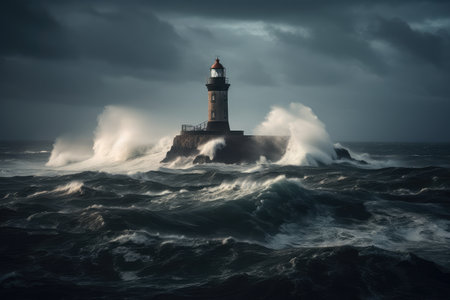 lighthouse, with view of the dark and stormy sea, during a dramatic storm, created with generative aiの素材