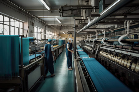 textile factory, with workers operating machines to create high-quality fabrics, created with generative aiの素材