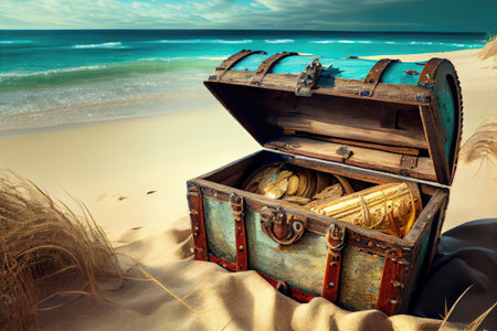 treasure chest buried in the sand, with a view of clear blue water, created with generative aiの素材