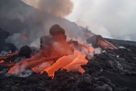 close-up of lava flowing from the volcano, with smoke and ash in the background, created with generative aiの素材