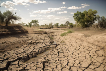 drought-stricken land, with dried up river and cracked earth visible, created with generative aiの素材