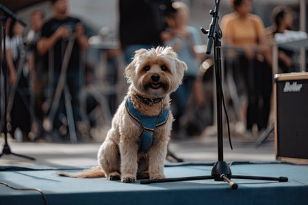 dog sitting on stage with guitar and microphone, ready to rock out in front of crowd, created with generative aiの素材