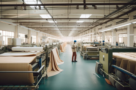 textile factory, with workers operating machines and producing fabrics, created with generative aiの素材