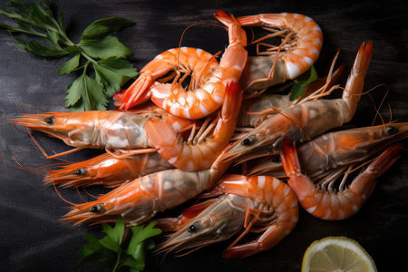 heap of tiger prawns, ready for frying in a skillet, created with generative aiの素材