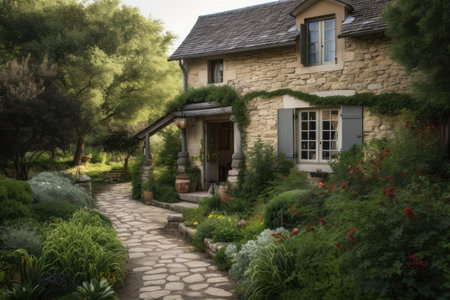rustic french country house with wooden shutters, garden and stone walkway, created with generative aiの素材