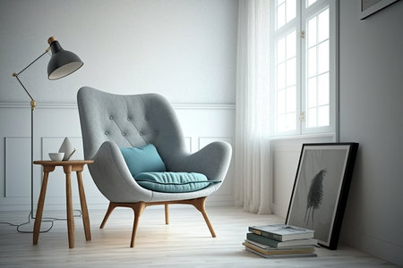 comfortable armchair in minimalist interior, surrounded by modern furniture and accessories, created with generative aiの素材