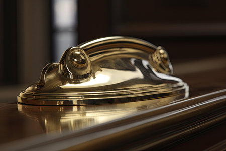 close-up shot of brass door handle, with polished and shiny surface visible, created with generative aiの素材