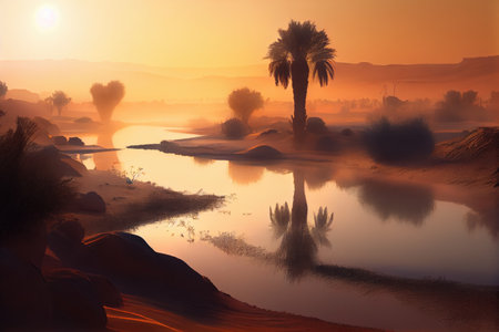 serene sunrise over oasis in the desert, with mist rising from the water, created with generative aiの素材