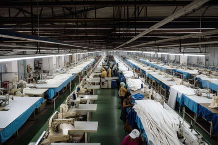 textile factory, with hundreds of workers sewing and fabrics, created with generative aiの素材
