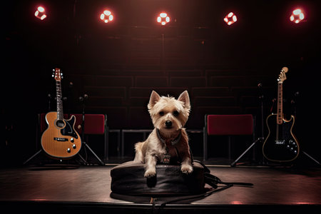 dog, sitting on stage with guitar, ready to rock out, created with generative aiの素材