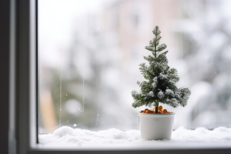 miniature christmas tree on windowsill, with view of snowy winter landscape, created with generative aiの素材
