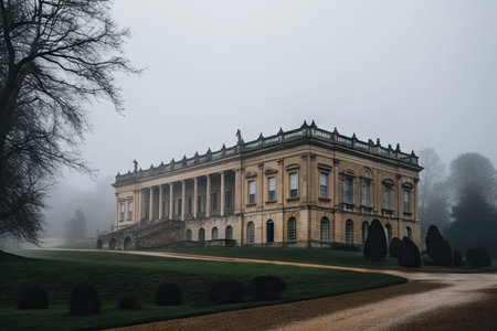 view of classical and historical building with foggy or stormy sky behind, created with generative aiの素材