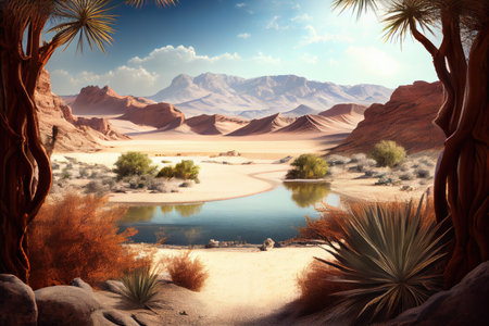 desert oasis, with view of distant mountain range, providing a stunning contrast against the endless sands, created with generative aiの素材