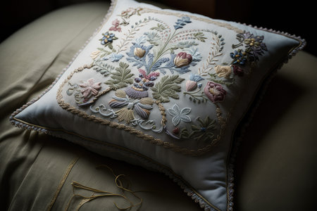 photo of pillow, displaying intricate and delicate embroidery work, created with generative aiの素材