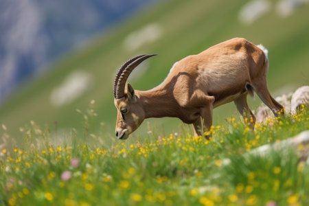 ibex grazing on lush green grass in an idyllic mountain meadow, created with generative aiの素材
