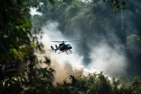 helicopter lands in dense jungle with smoke billowing from its engine, created with generative aiの素材