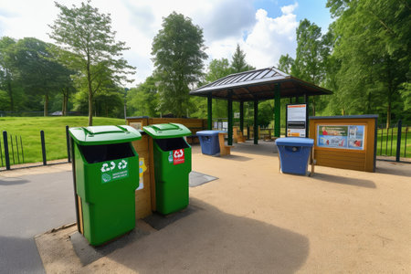 a community park, with recycling bins and a sign encouraging visitors to reduce waste, created with generative aiの素材